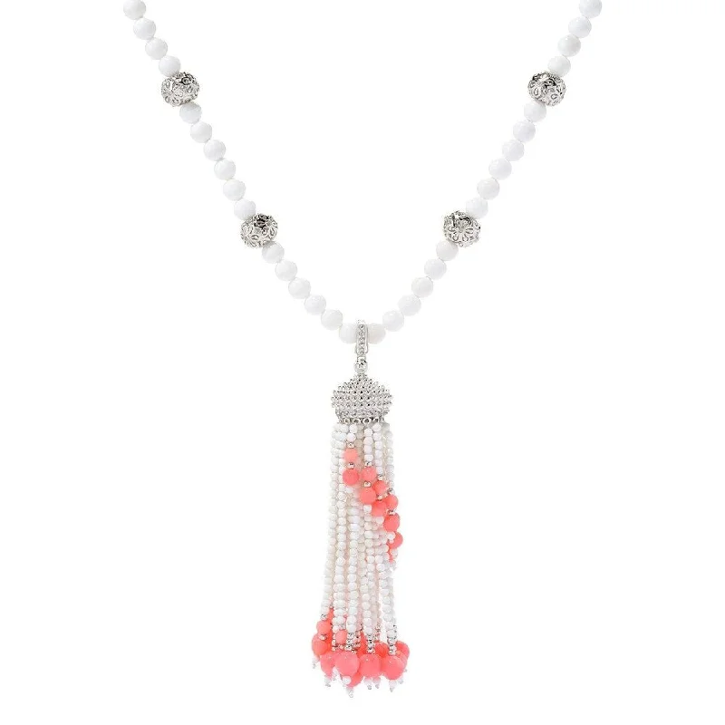 Lapis drop necklaces-Sterling Silver White Agate & pink Coral Gemstone Tassel Enhancer Pendant w/ 30" Bead Necklace