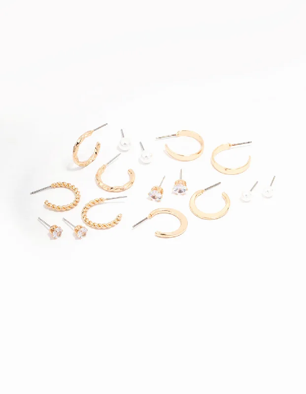 Worn medallion earrings-Gold Pearl Diamante Mixed Hoop & Stud Earring 8-Pack