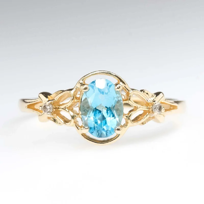 Night gothic engagement rings-0.94ct Swiss Blue Topaz with Diamond Accents Gemstone Ring in 14K Yellow Gold