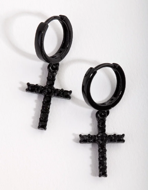 Thick hoop earrings-Matte Diamante Cross Huggie Earrings