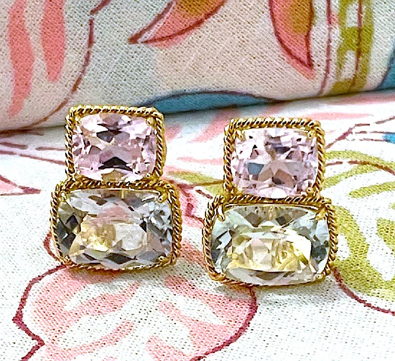 Topaz stone earrings-18kt Yellow Gold Medium Double Cushion Cut Earring with Rope Twist Border with Kunzite and Green Amethyst