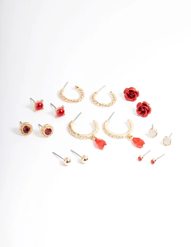 Shiny gold earrings-Gold Pretty Mixed Rose Earrings 8-Pack