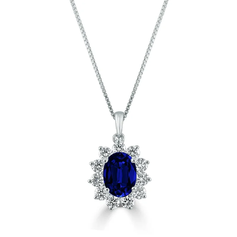 Secure clasp necklaces-Auriya 18K Gold Oval-Shaped 1 3/8ct Royal Blue Sapphire Diamond Halo Necklace