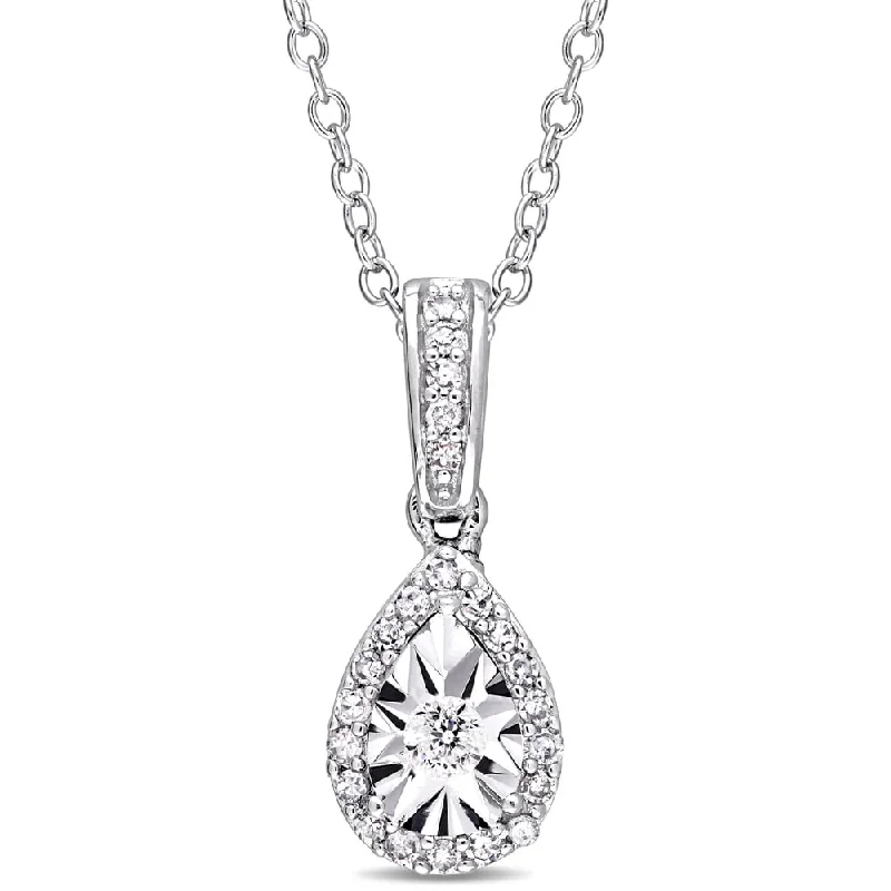 Topaz drop necklaces-Miadora Sterling Silver 1/6ct TDW Diamond Teardrop Halo Dangle Necklace - White