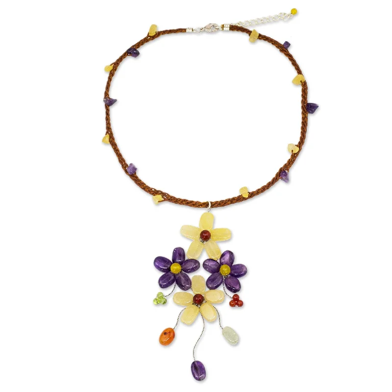 Silk fringe necklaces-Amethyst Flower Necklace, 'Twilight Bouquet' (Thailand)