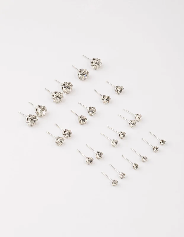 Morganite stud earrings-Silver Classic Diamante Graduating Earrings 8-Pack