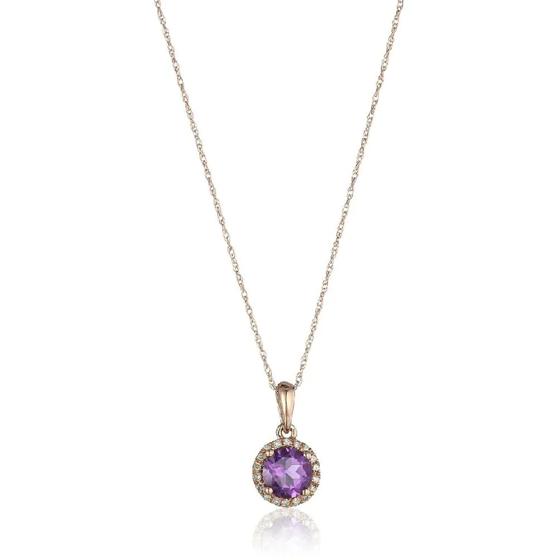 Onyx gem necklaces-10k Rose Gold African Amethyst and Diamond Classic Pendant Necklace, 18"