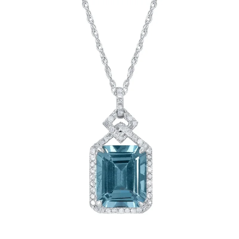 Crystal-twisted necklaces-Viducci 10k White Gold Genuine Emerald-cut Blue Topaz and 1/4ct Diamond Halo Necklace