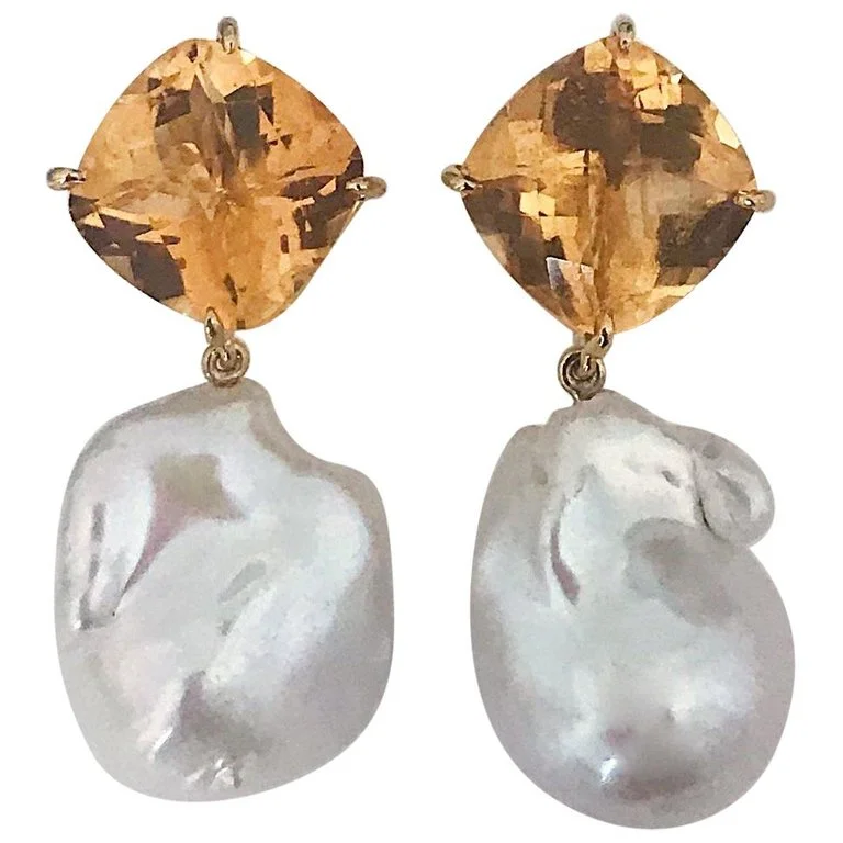 Bamboo style earrings-Yellow Gold Orange Citrine Stud with Baroque Pearl Drop Earring