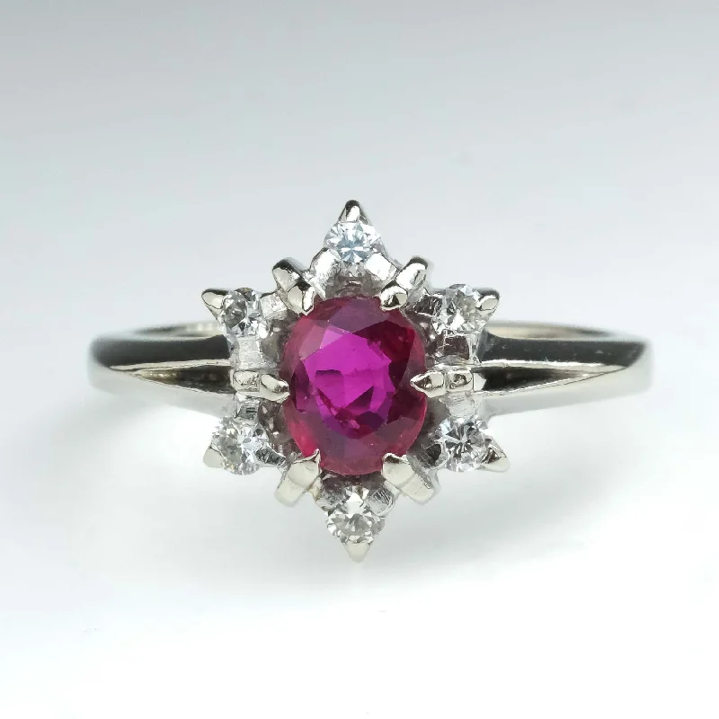 Solitaire diamond engagement rings-0.45ct Natural Ruby & Diamond Accented Vintage Halo Ring in 14K White Gold