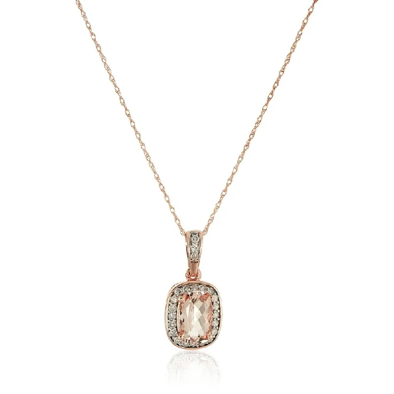 Spring clasp necklaces-10k Rose Gold Morganite Cushion and Diamond Halo Pendant Necklace, 18"