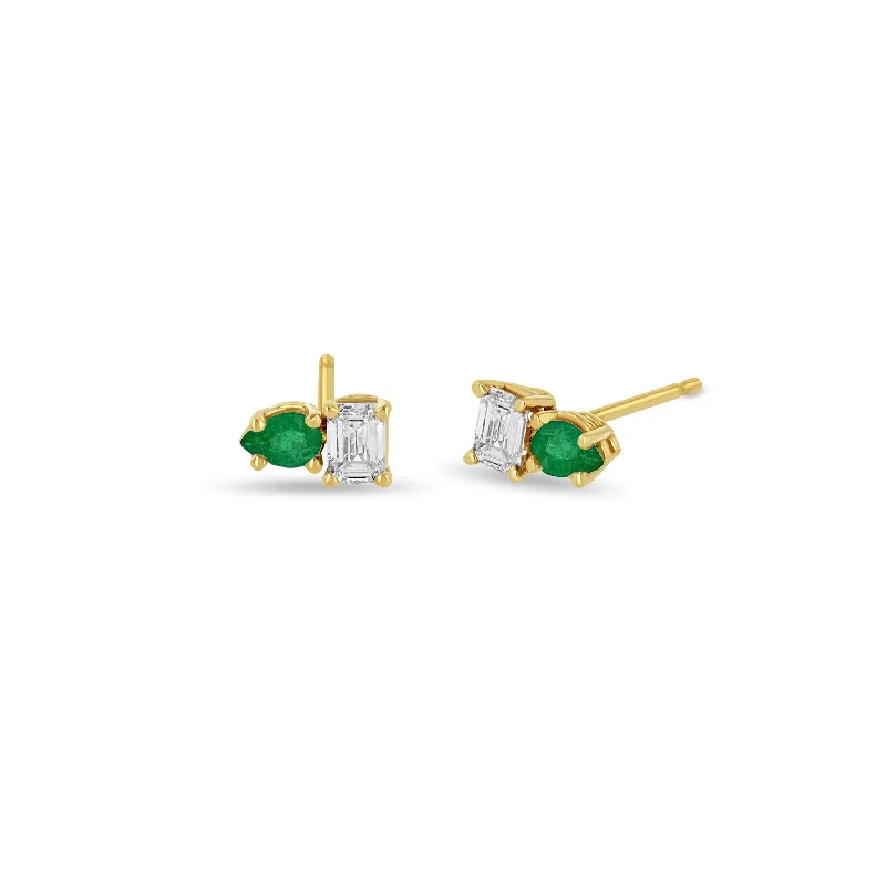 Curved design earrings-14k Pear Emerald & Emerald Cut Diamond Studs