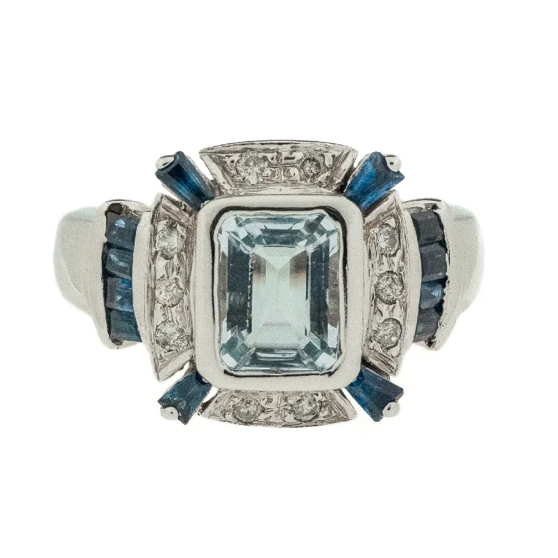 Infinity band engagement rings-2.39ctw Aquamarine with Sapphire and Diamond Accents Ring in 14K White Gold - Size 7