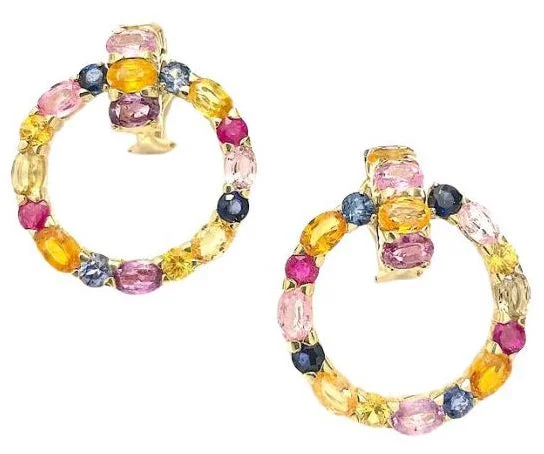 Astro charm earrings-18 Karat Yellow Gold Multi-Color Sapphire Hoop Drop Earring