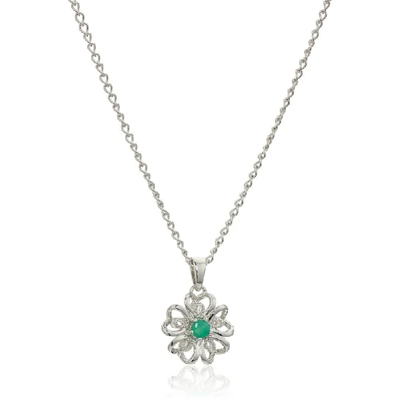 Vivid druzy necklaces-Sterling Silver Genuine Emerald Flower Pendant Necklace - Green