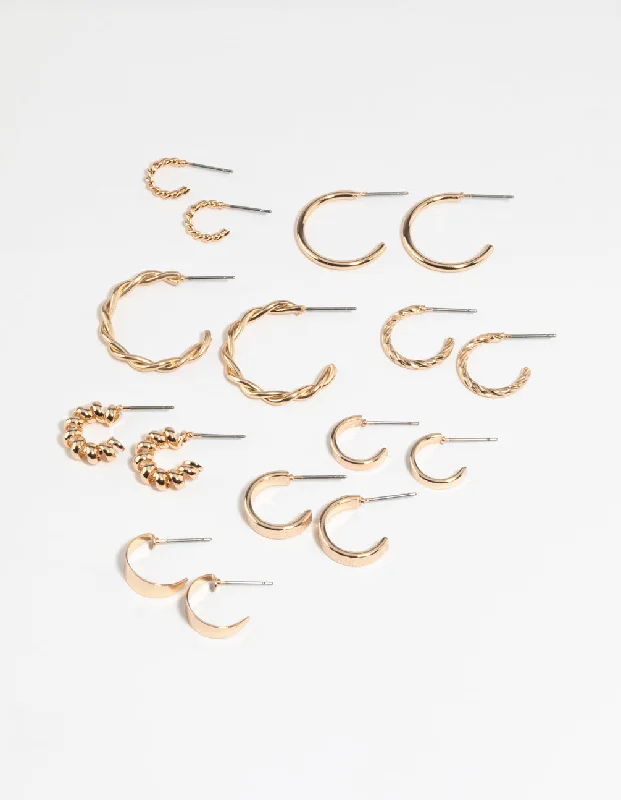 Leaf design earrings-Gold Twisted Hoop Earring 8-Pack