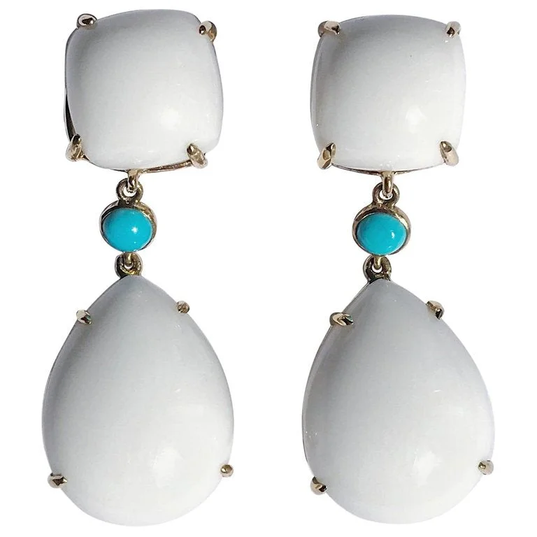 Cotton cord earrings-Yellow Gold Pear Drop Earring with White Jade and Bezel Set Turquoise Accent