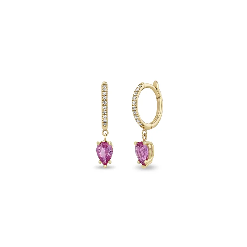 Thick hoop earrings-14k Medium Pavé Diamond Hinge Huggie Hoops with Pear Pink Sapphires