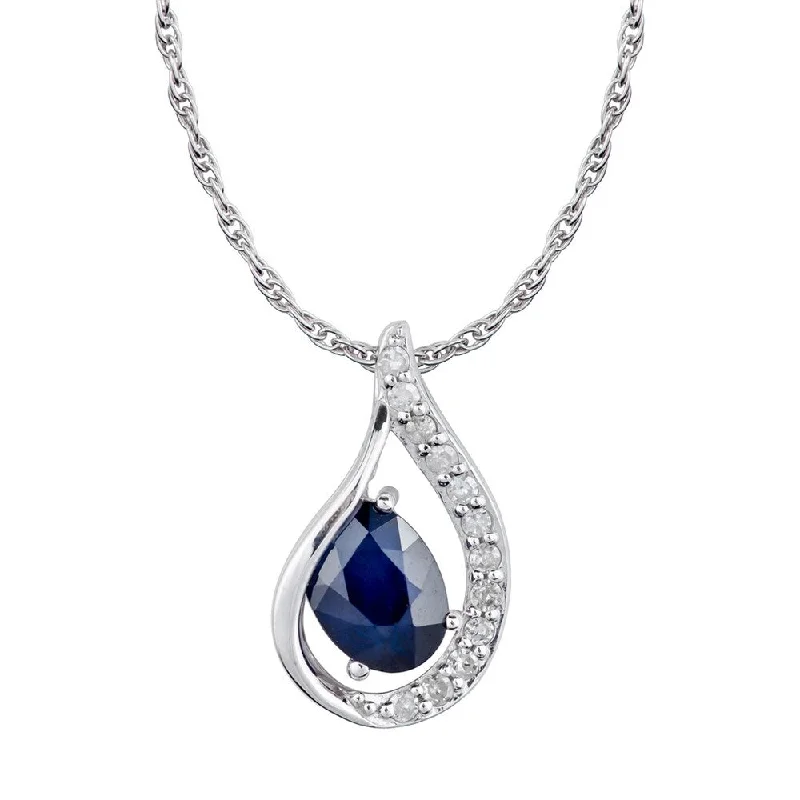 Bead braid necklaces-Viducci 10k White Gold Genuine Oval Sapphire and Diamond Halo Drop Pendant Necklace