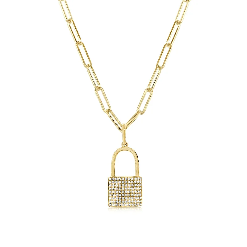 Heavy collar necklaces-Joelle Diamond Lock Charm Paperclip Link Chain 3/8 ct. Necklace 14K Yellow Gold