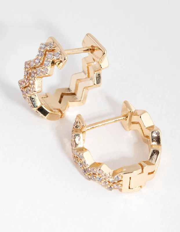 Shiny gold earrings-Gold Diamante Zig Zag Huggie Earrings