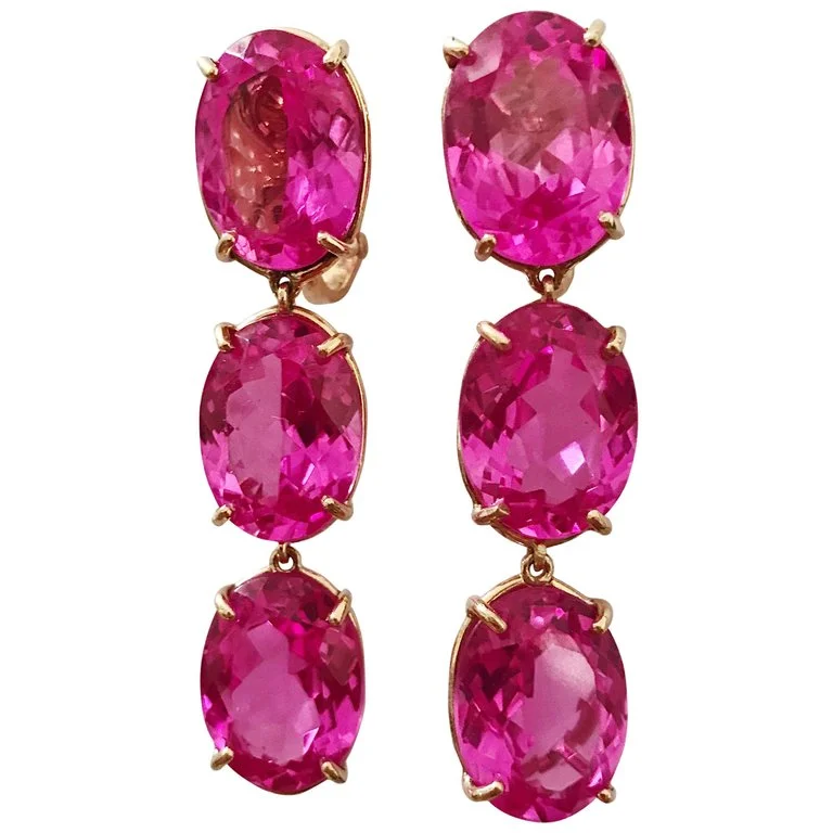 Fine triangle earrings-Elegant Three-Stone Drop Earrings with Pink Topaz