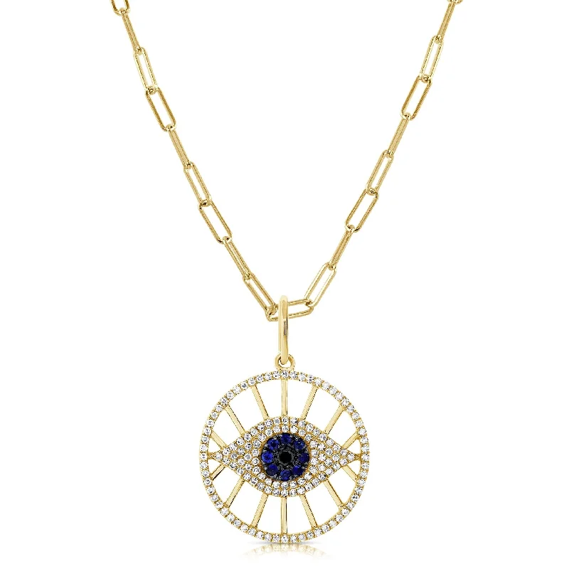 Light wood necklaces-Joelle Evil Eye Necklace Diamond, Sapphire & Blue Lapis 14K Yellow Gold on 16-inch Paperclip Chain