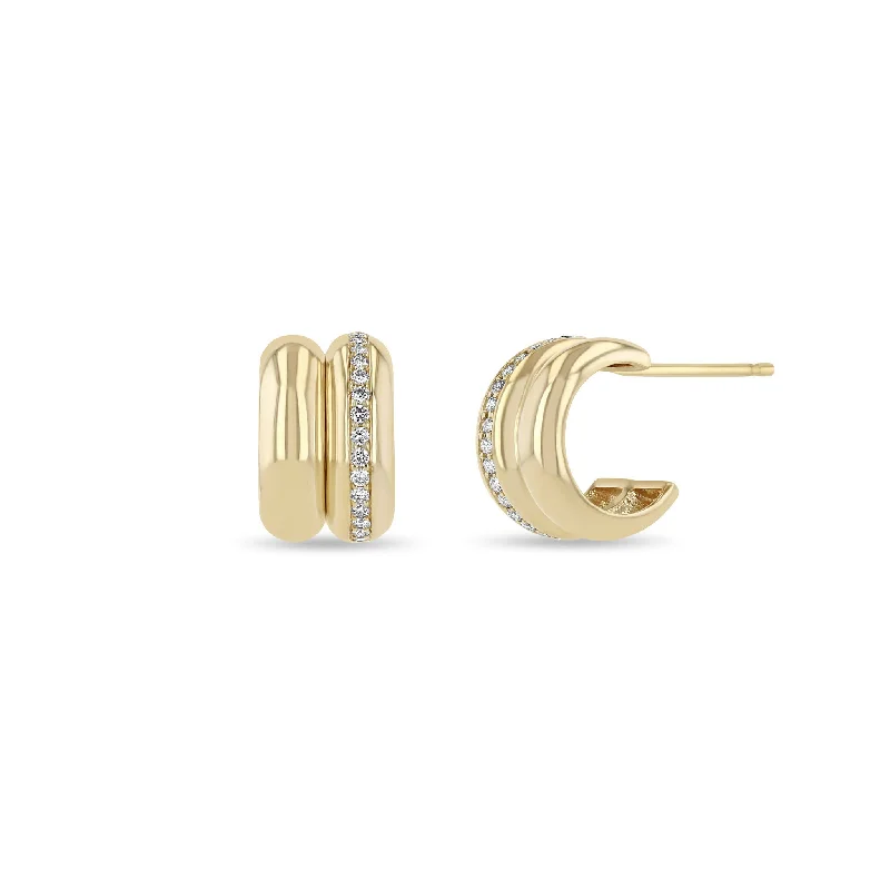 Bright stud earrings-14k Gold & Pavé Diamond Line Double Chubby Huggie Hoops