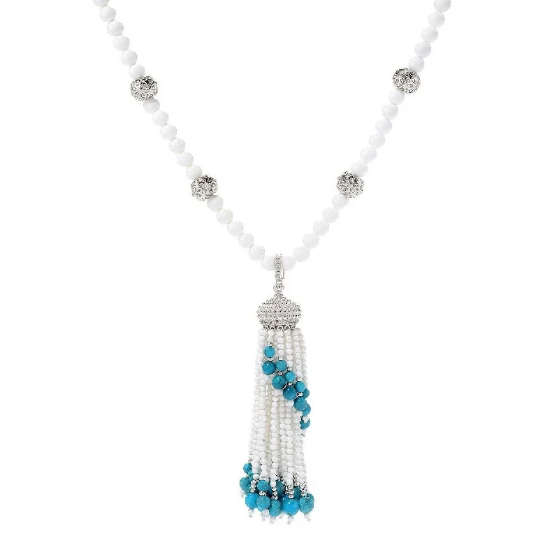 Woven tribal necklaces-Dallas Prince Sterling Silver White Agate & Gemstone Tassel Enhancer Pendant w/ 30" Bead Necklace