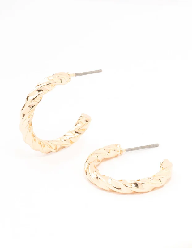 Shiny gold earrings-Gold Twisted Huggie Earrings