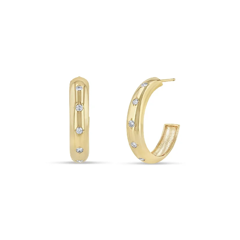 Cosmic glow earrings-14k Medium Wide Chubby Hoops with 6 Star Set Diamonds