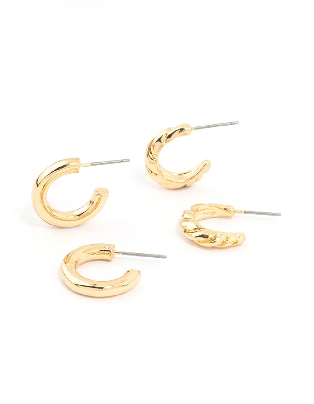 Textured disc earrings-Gold Plated Textured & Smooth Hoop Earrings 2-Pack