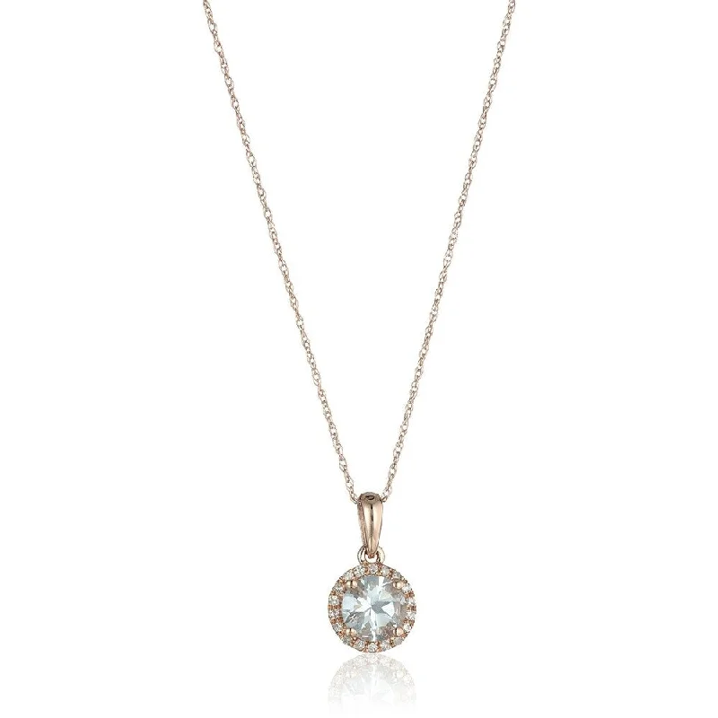 Spiral knot necklaces-10k Rose Gold Aquamarine and Diamond Classic Princess Di Halo Pendant Necklace, 18"