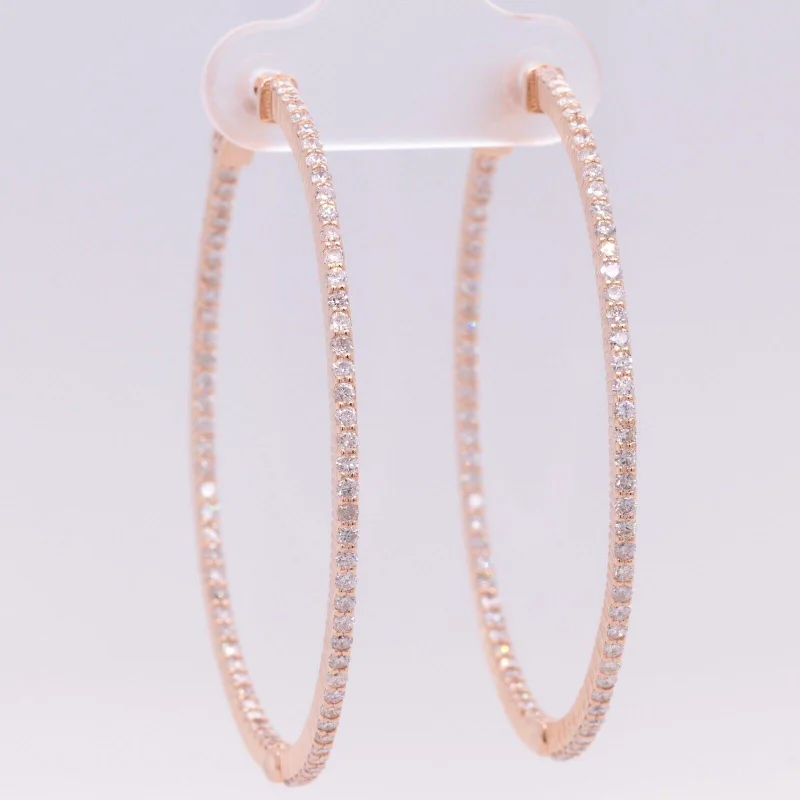 Leaf design earrings-LARGE 14k Rose Gold Diamond In & Out Hoop 1.70" Earrings 1.63ctw - Snap Closure