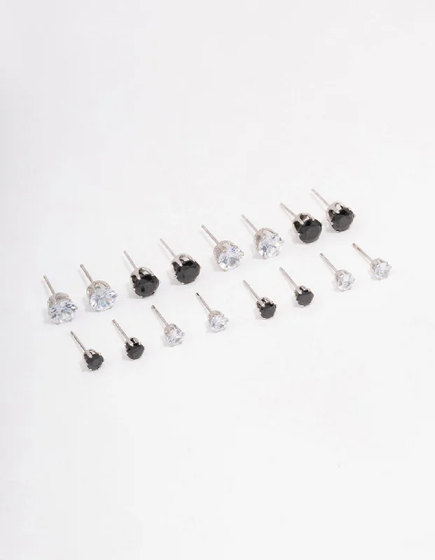 Bold cross earrings-Silver Basic Diamante Stud Earring 8-Pack