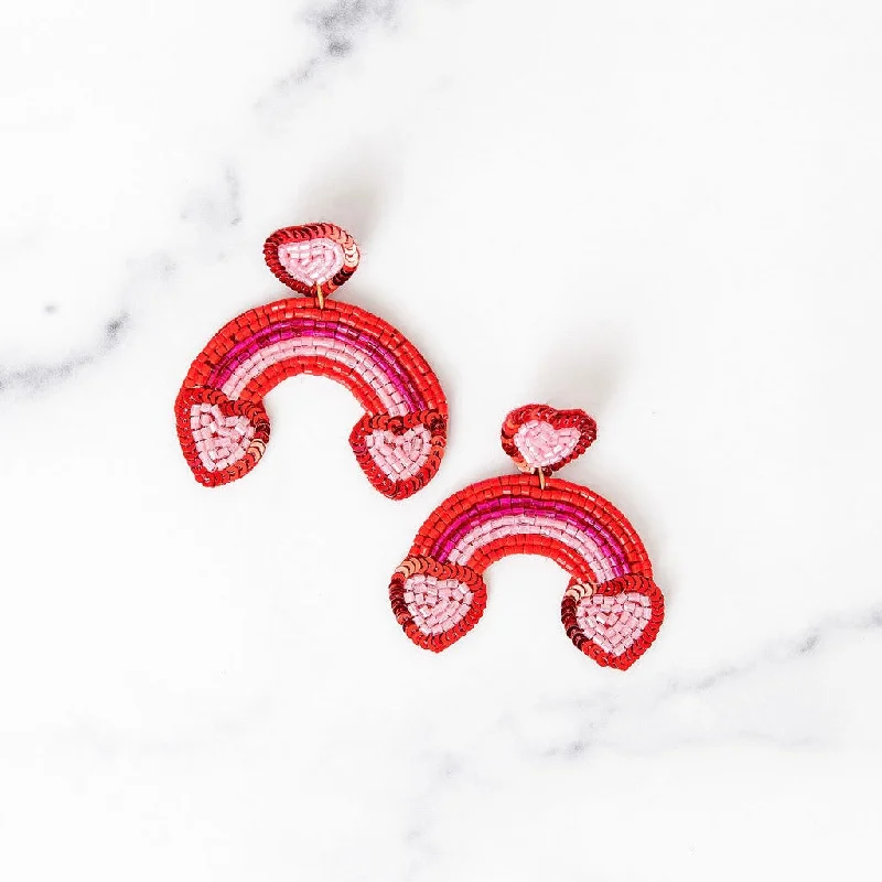 Large hoop earrings-Red + Pink Beaded Rainbow Earrings