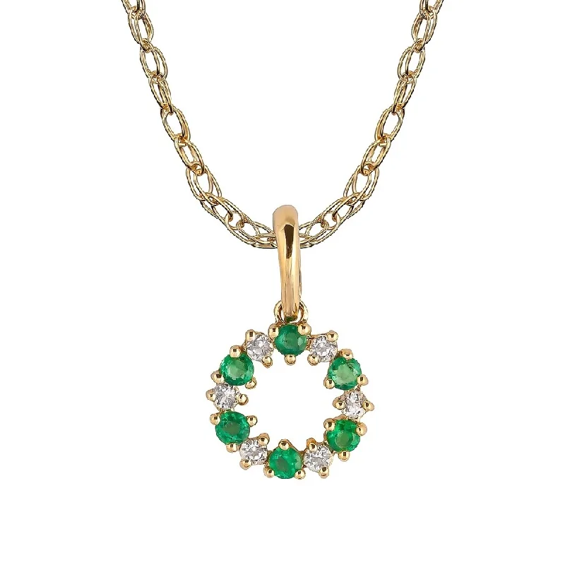 Bead braid necklaces-Viducci 10k Yellow Gold Genuine Emerald and White Topaz Petite Circle Pendant Necklace