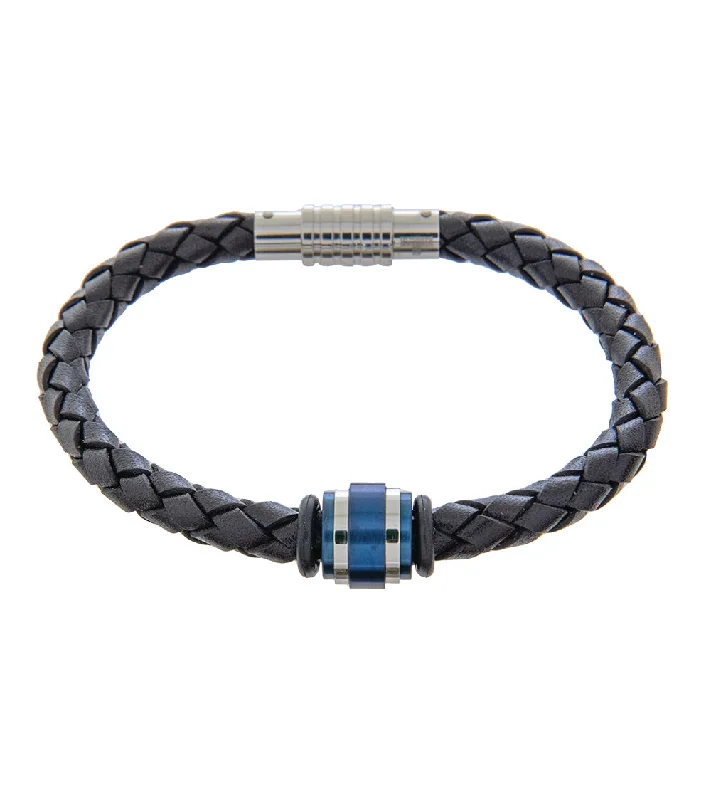 Spinel stone bangles-Mens Bracelet 21cm Black Leather with Blue Accent