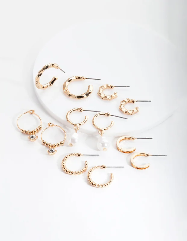 Twine bead earrings-Gold Mini Pearl Hoop Earring 6-Pack