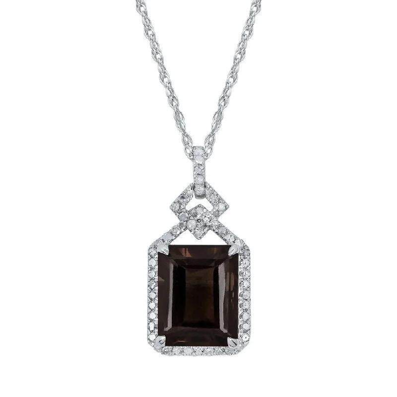 Chunky gem necklaces-Viducci 10k White Gold Genuine Emerald-cut Smoky Quartz and 1/4ct Diamond Halo Necklace