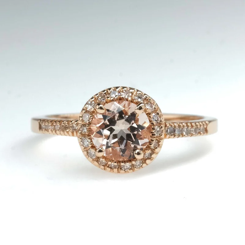 Multi-stone engagement rings-Morganite with Diamond Halo and Side Accents Ring in 14K Rose Gold