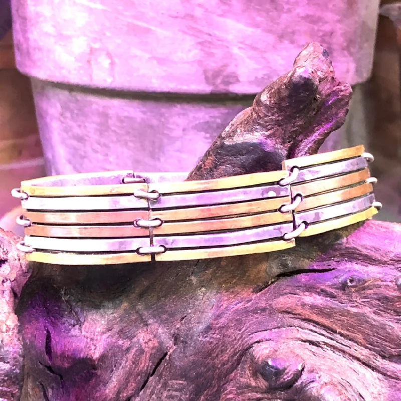 Multi-bead bangles-Heavy Tri-Metal Sterling Silver Copper Brass Panel Bracelet