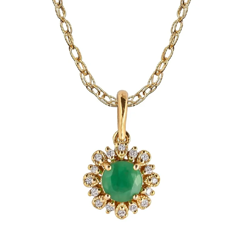 Surf wave necklaces-Viducci 10k Yellow Gold Genuine Round Emerald and Diamond Vintage Style Halo Pendant Necklace