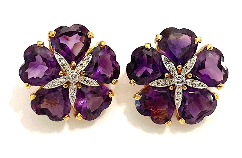 Vivid druzy earrings-18kt Yellow Gold Large Sand Dollar Earring with Amethyst and Diamonds