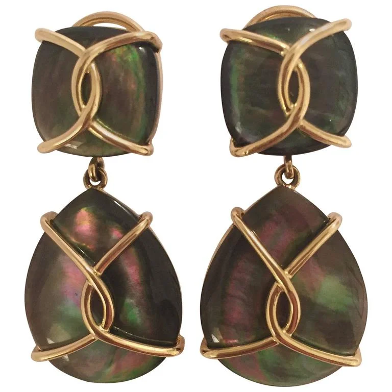 Layered tier earrings-18kt Yellow Gold Abalone Cushion and pear shaped Drop Earrings with Twisted Gold Detail