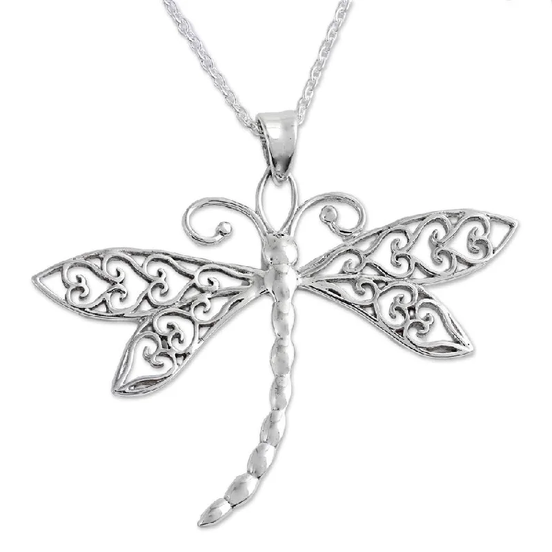 Thin filigree necklaces-Handmade Dazzling Dragonfly Sterling Silver Necklace (India)