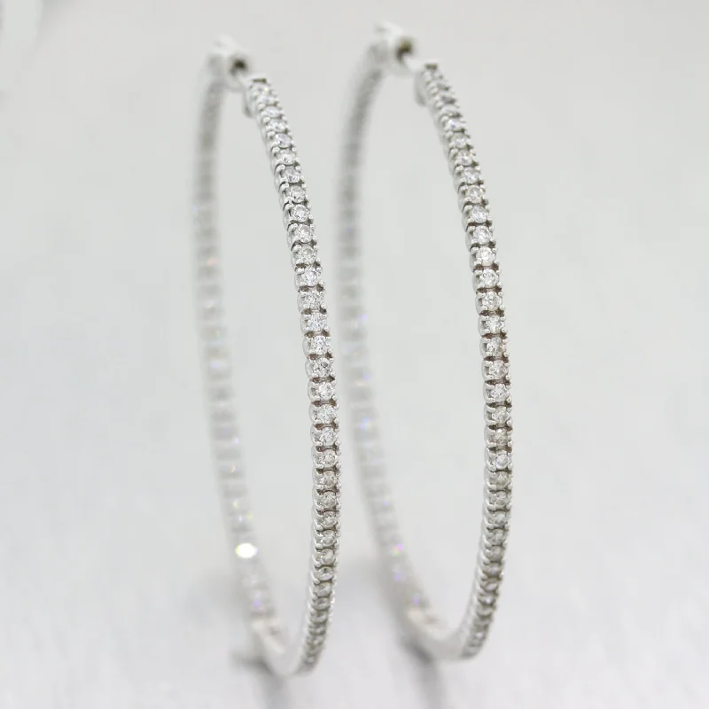 Woven cord earrings-Modern 14k White Gold Extra Large 3ctw Diamond In & Out Hoop Earrings