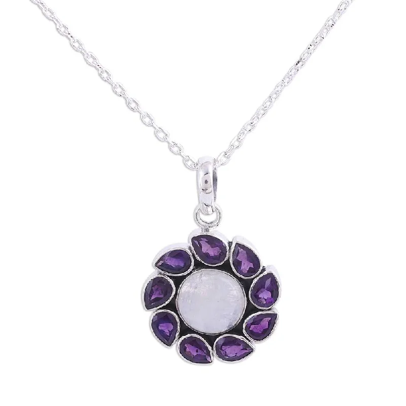 Faith charm necklaces-Handmade Sterling Silver 'Floral Windmill' Amethyst Rainbow Moonstone Necklace (India)