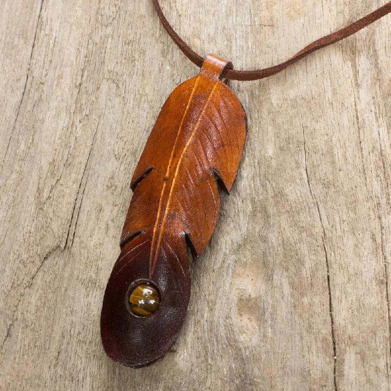 Light wood necklaces-Handmade Leather 'Feather Spirit' Tiger's Eye Necklace (Thailand) - 31" L x 1.2" W