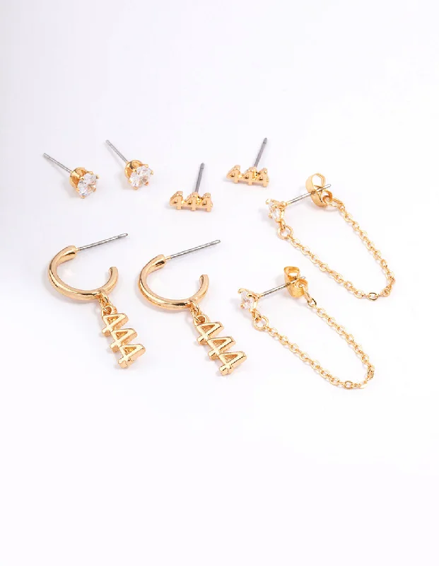 Onyx gem earrings-Gold Plated 444 Angel Number Earring Pack